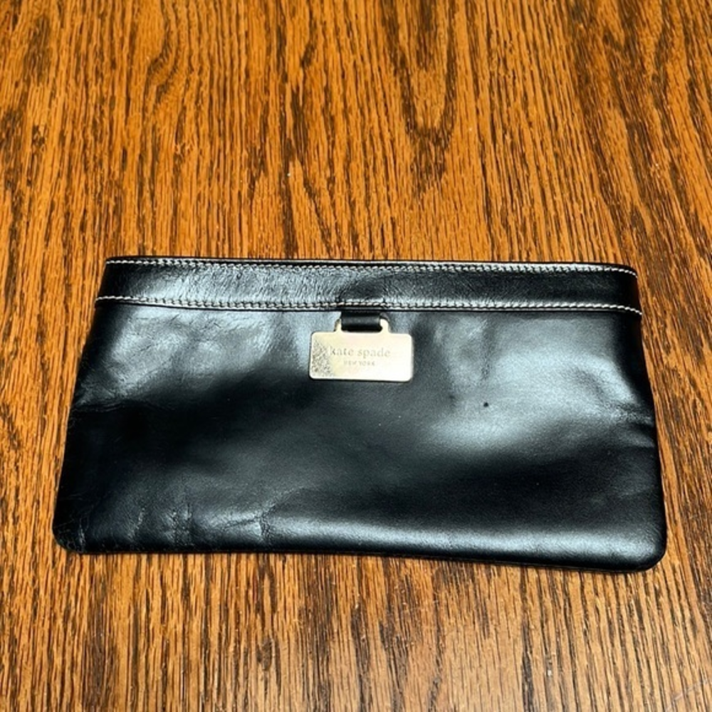 kate spade Black Leather Clutch Wallet with Gold Plaque